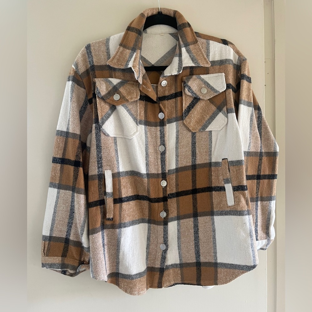 Tan & White Plaid Flannel Shacket Button Up Jacket - Size M
